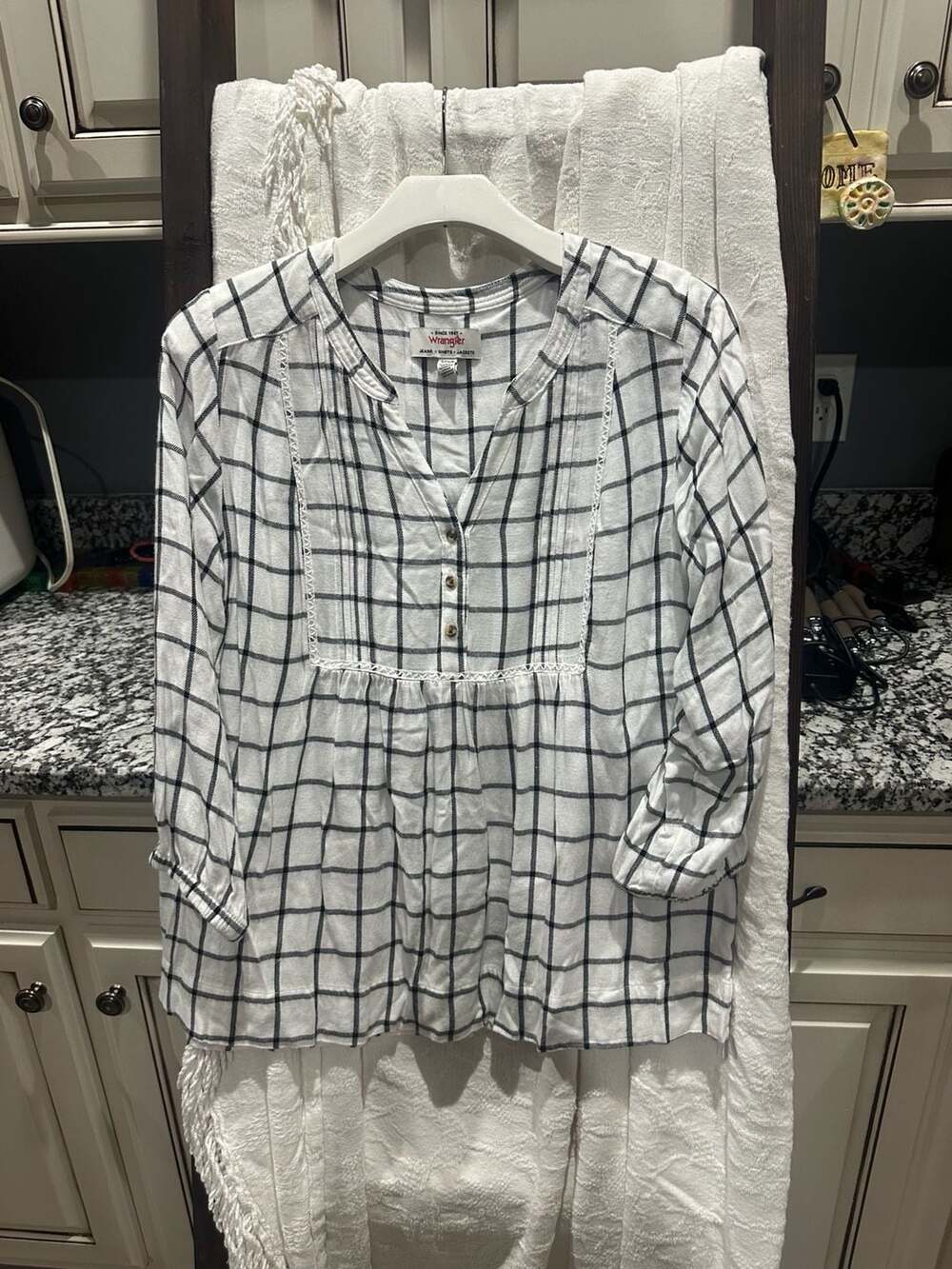 Wrangler Plaid Blouse Size S White Black 3/4 Sleeve